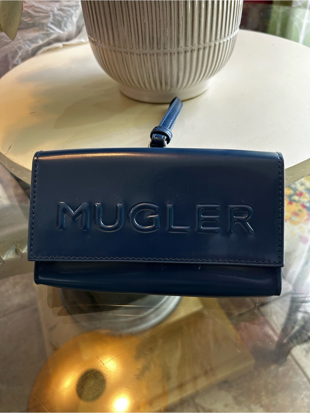 Mugler clutch Blue spell-out purse wallet made with vegan leather